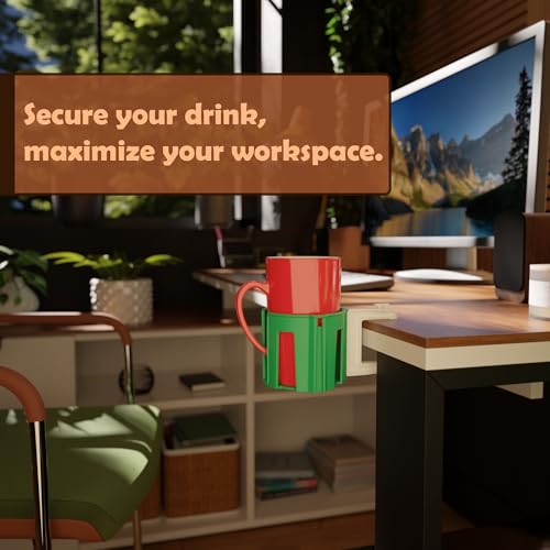 Original Large Desk Cup Holder Clamp Green | Anti-Spill Mount, Multi-Directional Drink Holder, Headphone Hanger, For Table, Desks, Office & Gaming Setup - color: Green