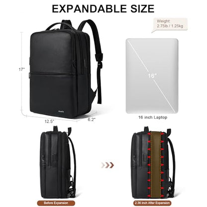 Vegan Leather Laptop Backpack for Women and Men Fits 16 Inch Laptop | Water Resistant,28L Expandable Computer Backpack Purse,USB Charging Port,Travel Work Business College Teacher Nurse - color: Two-toned Black