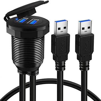 Alloy Dual Port USB 3.0 Car Dashboard Flush Mount Cable, Male to Female with LED Indicator Extension Cable for Car Truck Boat Motorcycle Dashboard Panel - 3ft - style: Dual Port 3ft