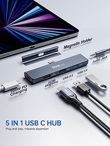 5 in 1 USB C Hub for iPad Pro 12.9 2021 2020, Air mini 6 and More | 4K 60Hz HDMI Port, Audio, USB 3.0, 100W PD, USB C Dock - color: 5 IN 1 Grey