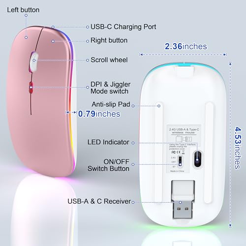 Gizdot-R1 LED Mouse for MacBook Air/iPad/Laptop, Bluetooth Rechargeable Silent Mouse with USB-C, Built-in Mouse Jiggler, 4-Mode Wireless Mouse Compatible with macOS/iOS/Windows/Android - color: Rose Gold