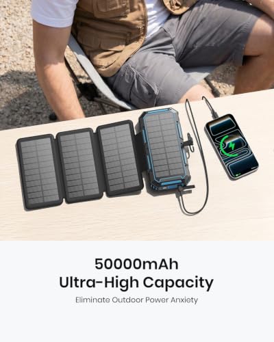 FEELLE Solar Power Bank 50000mAh Magnetic Portable Charger with Hand Crank | Built in 4 Cables & 4 Solar Panels, PD QC 3.0 Fast Charging Battery Pack, Flashlight for Outdoor, Charge 6 Devices at Once - color: Blue