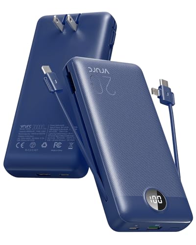 VRURC Portable Charger 20000mAh, Fast Charging Power Bank USB C,4 Output 2 Input Travel Essentials Charging Bank Equipped with LED Display,Built-in Wall Plug and Cables,Phone Charger Battery,Navy - color: Navy