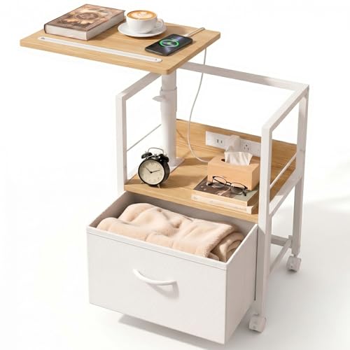 Faesun Swivel Lift Top Nightstand with Charging Station, Rolling Side Table for Recliner, Bedside Table with Wheels & a Fabric Drawer, for Small Spaces, for Bedroom, Living Room, Oak White - color: 05 - Oak White, size: 1 Drawer