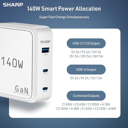 Sharp 140W USB C Charger, Compact Foldable GaN Fast Charge 3-Port (2 USB-C, 1 USB-A) Wall Charger for MacBook Pro/Air, iPad Pro, iPhone 15, Galaxy S22/S21, Dell XPS, White - color: White