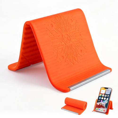 Portable Foldable Silicone Aluminum Phone Holder, Adjustable Phone Stand for Smartphone Tablet Laptop, Non-Slip Desk Travel Bed Office Treadmill Stand (Orange)