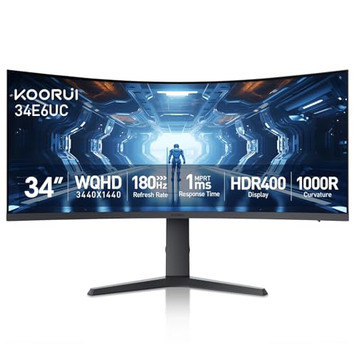 KOORUI 34 Inch Ultrawide Curved WQHD Gaming Monitor, 180Hz 1000R 1ms | 3440×1440p HDR400, 95% DCI-P3, PIP/PBP, FreeSync Premium, height-adjustable stand, gaming and multitasking - size: 34"/WQHD/1000R/HDR400