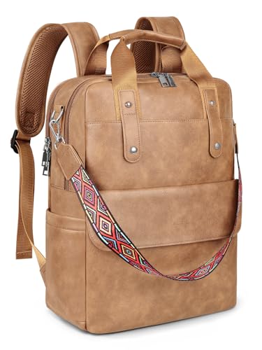 Leather Laptop Backpack 15.6 inch Womens Computer Bag Camel | 3-in-1 laptop purse: Dedicated 15.6" Compartment, 7-Pocket Organizer, Colorful Shoulder Strap, Work & Travel Ready - color: Camel