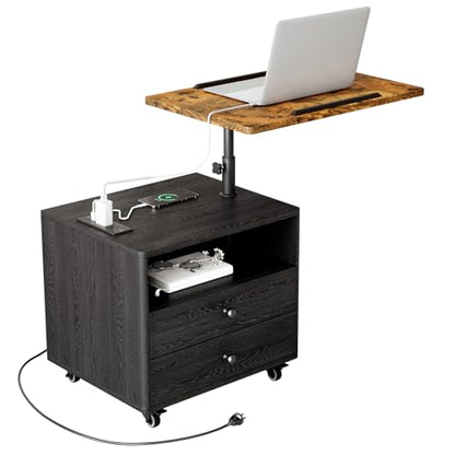 Bedroom Nightstand with Drawers & Charging Station, Adjustable Height Bedside Table with Wheels, Wooden Small Sofa Side Tables with Storage for Living Room, Black Brown - color: [A3] Black & Brown