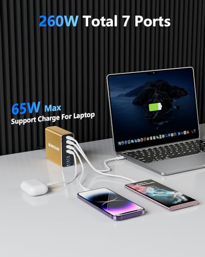 Aluminum Alloy 260W USB C Charger GaN Fast USB C Charging Station 7 Ports | 65W Laptop Charger for MacBook Pro/Air/iPad Pro/iPhone - color: Gold