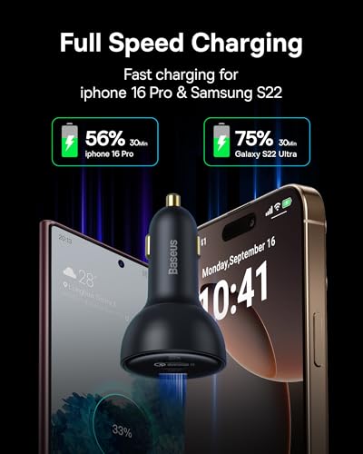 160W USB C Car Charger, Baseus Type C Car Charger, QC5.0 PD3.0 PPS 3 Ports Super Fast Charging Car Phone Charger Adapter for iPhone 15 14 13 Pro, Samsung S22 iPad MacBook Pro