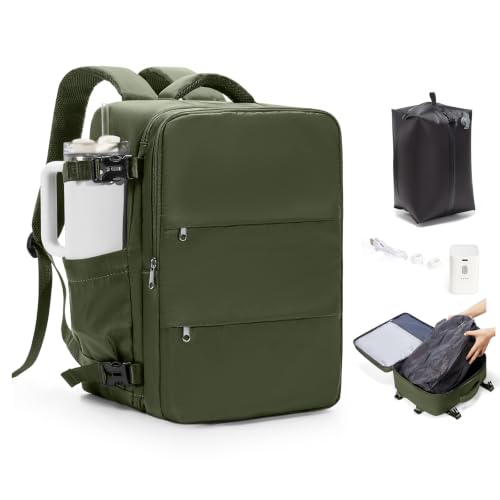Travel Backpack for Women Men with Compression Vacuum Storage Bag & Electric Pump, Flight Approved Carry On Backpack, Frontier Spirit Airlines Personal Item Bag 18x14x8, Olive Green - color: Olive Green