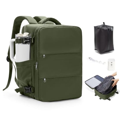 Travel Backpack for Women Men with Compression Vacuum Storage Bag & Electric Pump, Flight Approved Carry On Backpack, Frontier Spirit Airlines Personal Item Bag 18x14x8, Olive Green - color: Olive Green