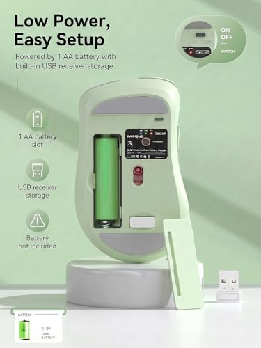 RAPIQUE Bluetooth Wireless Mouse, Dual Bluetooth & 2.4GHz, Sage Green | Right-Hand Ergonomic Grip, Quiet Clicks, Low Power, 3-device Switching, 6-button USB receiver for MacBook, Laptop, Computer - color: Sage Green