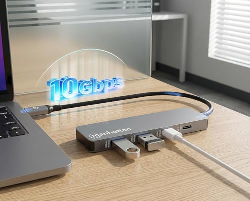 Manhattan USB-C Hub for Keyboards, Mouse, and USB Flash Drives, 4 Ports, 2 USB-A & 2 USB-C, Space Gray, Plug and Play, 10 Gbps, Aluminum