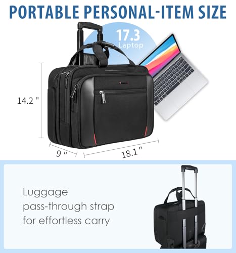 EMPSIGN 17.3 Inch Rolling Laptop Bag for Women/Men, Black | Waterproof Rolling Computer Bag, Carry-on Briefcase with Wheels, Personal Item Suitcase for Travel/Work/Business
