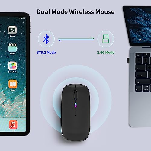KANMABPC Wireless Bluetooth Mouse – Rechargeable, Silent, Dual Mode (Bluetooth 5.2 & USB) with LED Lights – Portable for Laptop, Desktop, & Tablet(Grey) - color: grey