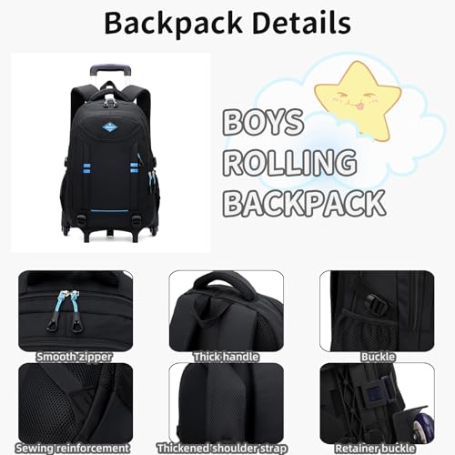 Rolling Backpack for Boys Elementary School Bag with Wheels Travel Trolley Bag 2 wheels and 6 wheels - color: Black/Blue 6 Wheels, size: 6 wheels