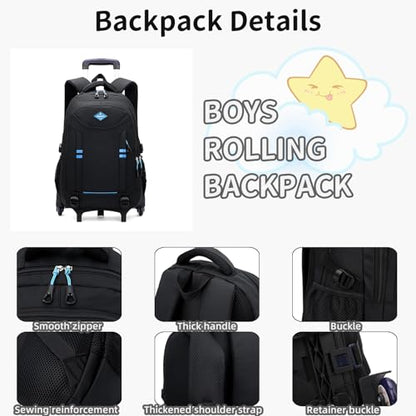 Rolling Backpack for Boys Elementary School Bag with Wheels Travel Trolley Bag 2 wheels and 6 wheels - color: Black 6 Wheels, size: 6 wheels