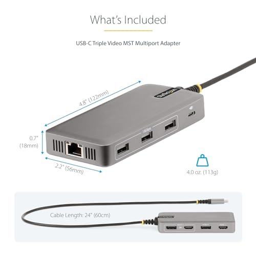 StarTech USB-C Triple 4K HDMI DP Docking Station, 100W Laptop Charging, GbE | Up to 85W host charging, 2ft 60cm cable, WoL, MAC address passthrough, Wi-Fi auto switch, Mixed-fleet rollout - style: Triple monitor