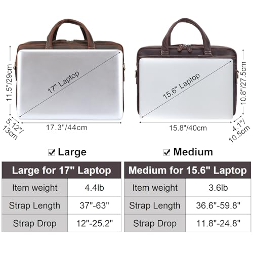 Masa Kawa Leather 15.6" & 17" Laptop Briefcase Men Business Messenger Bag | Full Grain Cowhide Business Travel Office Work Crossbody Shoulder Professional Attache Case for 2 Computers - color: Brown-fits 15.6" Laptop