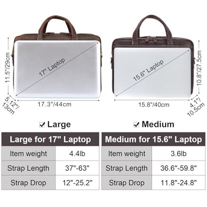 Masa Kawa Leather 15.6" & 17" Laptop Briefcase Men Business Messenger Bag | Full Grain Cowhide Business Travel Office Work Crossbody Shoulder Professional Attache Case for 2 Computers - color: Brown-fits 15.6" Laptop