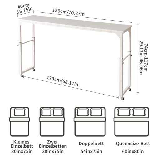 Aibiju Overbed Table with Wheels, Bed Desk with Adjustable Height, Rolling Table, Laptop Table, Recliner Desk, for Bedroom, Living Room, Office, White YD-BT001W - color: White