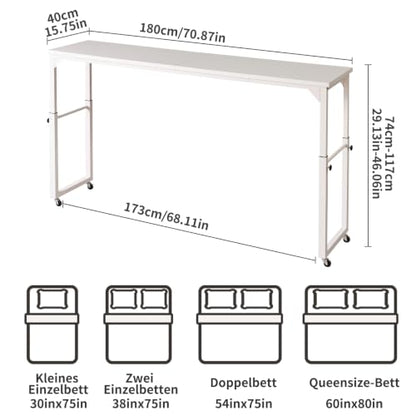 Aibiju Overbed Table with Wheels, Bed Desk with Adjustable Height, Rolling Table, Laptop Table, Recliner Desk, for Bedroom, Living Room, Office, White YD-BT001W - color: White