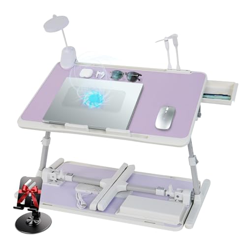 Adjustable Laptop Lap Desk with Cooling Fan USB Light for Adults 56x32cm,Purple - color: Purple+holder,56x32cm