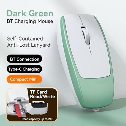 Wireless Mouse Mini Small Finger Bluetooth Mouse with TF Card Reader,Silent Pocket Portable Handheld Tiny Compact USB Travel Optical Mice for PC Laptop Computer Macbook Tablet Kids Women Men Gift - color: Green