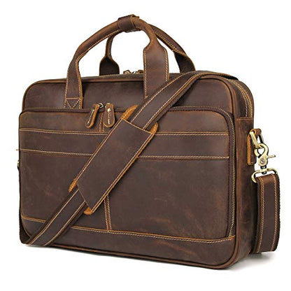 Augus Leather Briefcase for Men, 16 Inch, Full-Grain Leather, YKK Zipper - color: Coffee