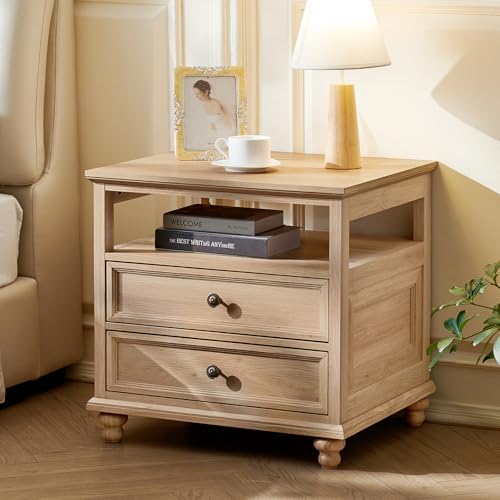 Joaxswe 24" Wide Farmhouse Night Stand,Large End Table with 2 Drawers & Metal Handle,Wood Dresser for Bedroom, Natural Bed Side Table Chest of Drawers Cabinet,Nightstand for Living Room,Closet - color: Natural, size: 19.76"D x 24"W x 22.91"H (2 Drawers)