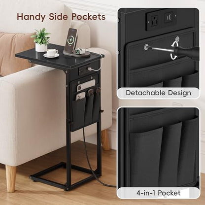 Vagusicc C-Shaped End Tables Set of 2 with Charging Station, 33'' Tall C Table Adjustable Height Side Table, Sofa Table for Couch, Couch Table that Slide Under Sofa, TV Trays for Living Room, Black - color: 2pc Black, style: With Plug