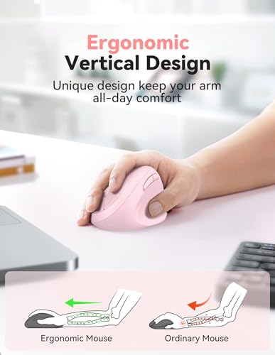 TECKNET Ergonomic Mouse, Bluetooth Wireless Vertical Mouse, Rechargeable Battery, Quiet Clicks, 4800 DPI Adjustable, BT5.0/3.0 & 2.4G Connect, Easy to use, Wide Compatibility - Pink - color: Pink
