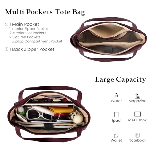 befen Genuine Leather Tote Bag for Women Work Travel Leather Purse Handbags | Real Leather, Padded 14" Laptop Compartment, Multi-Pockets, Zipper, Tote Bag for Daily - color: Burgundy Red