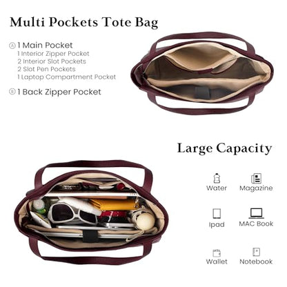 befen Genuine Leather Tote Bag for Women Work Travel Leather Purse Handbags | Real Leather, Padded 14" Laptop Compartment, Multi-Pockets, Zipper, Tote Bag for Daily - color: Burgundy Red