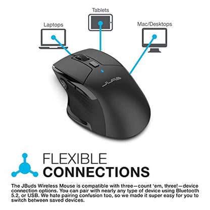 JLab, JBuds, Wireless Mouse, Bluetooth, USB Dongle, Multi-Device, Silent Click, Full-Size, Black | Full-Size, Tri-Mode with USB-Dongle, Ergonomic, Multi Device Silent, for Laptop, PC, iPad, Mac, Tablet - size: 1 Pack
