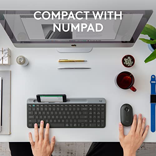 Logitech K585 Slim Wireless Keyboard with Built-in Phone Cradle - Graphite | Bluetooth with included USB receiver, connects 2 devices, cradle can hold smartphone or tablet up to 10 in. in landscape mode - color: Graphite