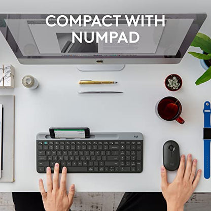 Logitech K585 Slim Wireless Keyboard with Built-in Phone Cradle - Graphite | Bluetooth with included USB receiver, connects 2 devices, cradle can hold smartphone or tablet up to 10 in. in landscape mode - color: Graphite