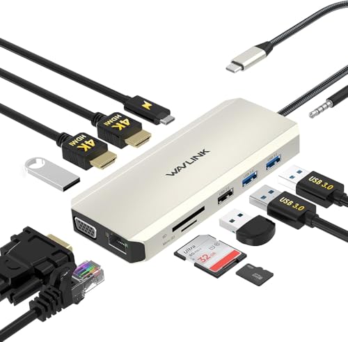 WAVLINK USB C Docking Station Dual Monitor for Dell/HP/Lenovo Laptop | Triple Display USB-C Hub Multiport Adapter Dongle with 2 HDMI, VGA, Ethernet,100W PD, 5 USB, SD/TF Card Reader,Audio
