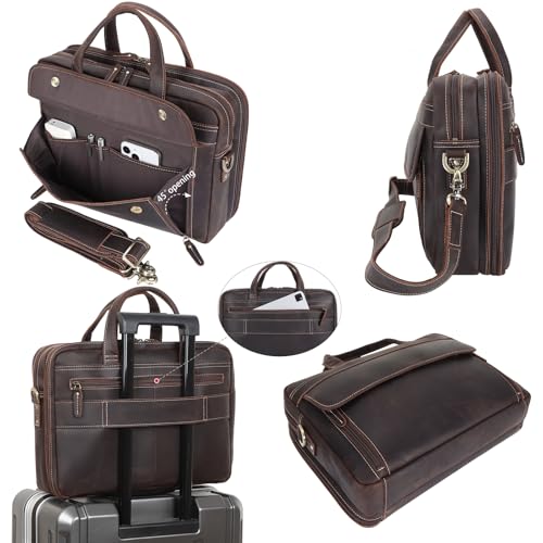 Masa Kawa Leather 15.6" & 17" Laptop Briefcase Men Business Messenger Bag | Full Grain Cowhide Business Travel Office Work Crossbody Shoulder Professional Attache Case for 2 Computers - color: Brown-fits 15.6" Laptop