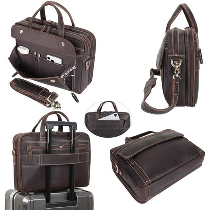 Masa Kawa Leather 15.6" & 17" Laptop Briefcase Men Business Messenger Bag | Full Grain Cowhide Business Travel Office Work Crossbody Shoulder Professional Attache Case for 2 Computers - color: Brown-fits 15.6" Laptop