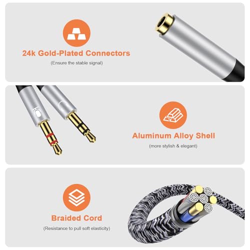 ABCPOW Headset Splitter Cable for PC 3.5mm Jack Headphone Splitte AUX Audio Adapter Microphone Splitter 3.5mm Female to 2 Dual 3.5mm Male for Computer Simultaneously Y Splitter Gaming Speakers for PC - color: Silver