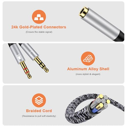ABCPOW Headset Splitter Cable for PC 3.5mm Jack Headphone Splitte AUX Audio Adapter Microphone Splitter 3.5mm Female to 2 Dual 3.5mm Male for Computer Simultaneously Y Splitter Gaming Speakers for PC - color: Silver