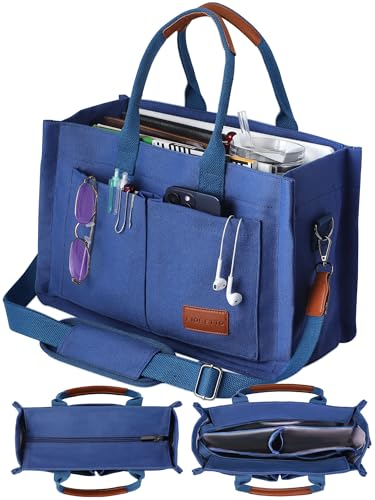 FIORETTO Canvas Tote Bag for Women with Zipper Closure & Individual Compartments for Work College for Teacher & Nurse - color: Dark Blue, size: Large