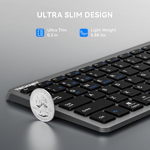 TECKNET Rechargeable Bluetooth Slim Wireless Keyboards USB+BT Multi Device | Compact Keyboard with Number Pad, Low Profile Flat Keyboards for Laptop, Computer, Macbook, Mac, Windows
