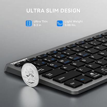 TECKNET Rechargeable Bluetooth Slim Wireless Keyboards USB+BT Multi Device | Compact Keyboard with Number Pad, Low Profile Flat Keyboards for Laptop, Computer, Macbook, Mac, Windows