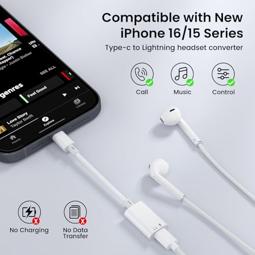 USB C to Lightning Headphone Audio Adapter, USB C Male to Lightning Female Earbuds Audio Adapter Compatible with iPhone 17/Air/16/16e/15 Plus/Pro/Max/15, iPad Pro, iPad Air 6/5/4, MacBook (No Charge) - color: White
