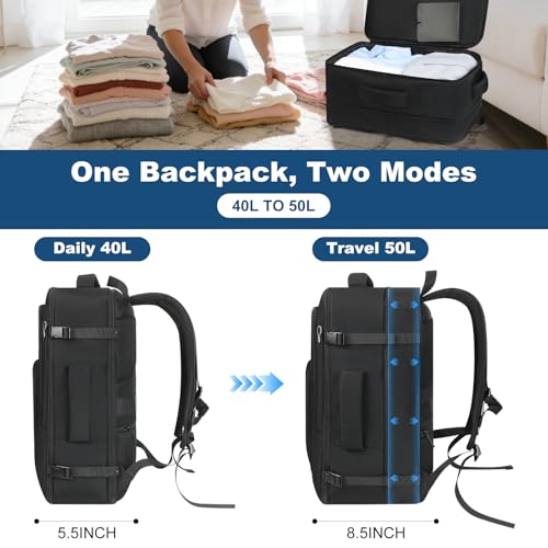 Travel Backpack,Carry on Backpack Expandable 40-50L with USB Cable Port,Fits 17.3 Inch Laptop Notebook,Water Resistant Business Travel Laptop Backpack for Men Women Weekend Trips,Daily Travel,Black - color: Black