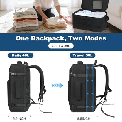 Travel Backpack,Carry on Backpack Expandable 40-50L with USB Cable Port,Fits 17.3 Inch Laptop Notebook,Water Resistant Business Travel Laptop Backpack for Men Women Weekend Trips,Daily Travel,Black - color: Black